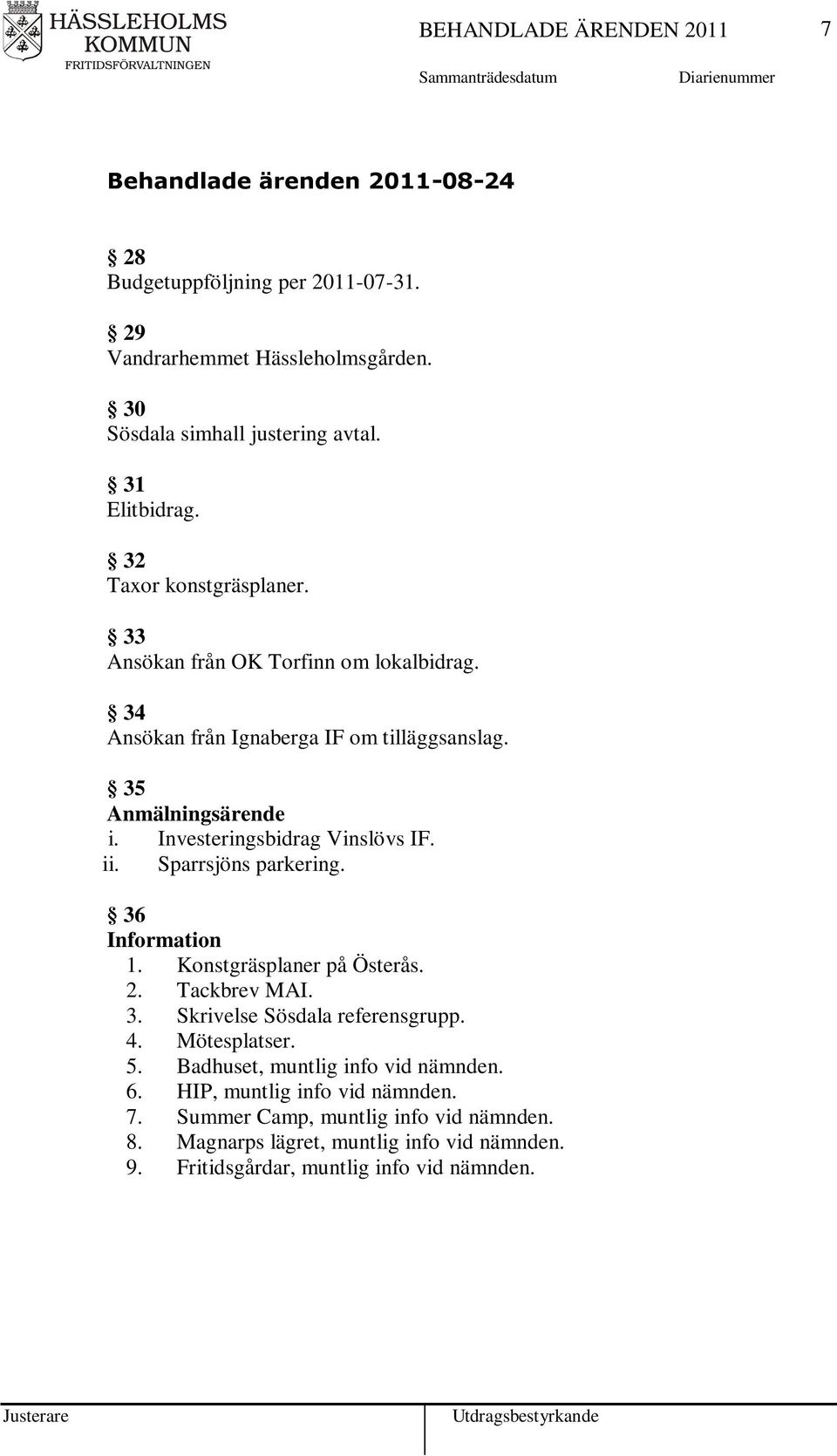 Investeringsbidrag Vinslövs IF. ii. Sparrsjöns parkering. 36 1. Konstgräsplaner på Österås. 2. Tackbrev MAI. 3. Skrivelse Sösdala referensgrupp. 4. Mötesplatser. 5.