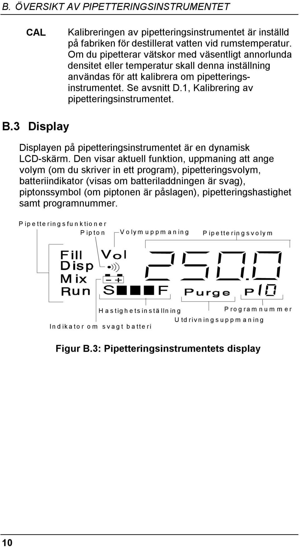 1, Kalibrering av pipetteringsinstrumentet. B.3 Display Displayen på pipetteringsinstrumentet är en dynamisk LCD-skärm.