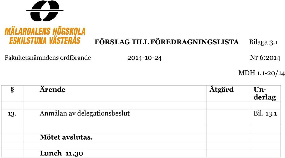 6:2014 MDH 1.1-20/14 Ärende Åtgärd Underlag 13.