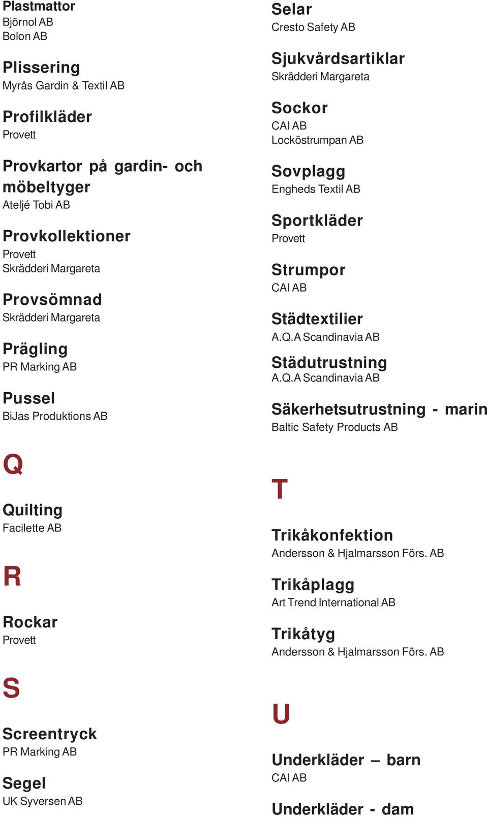 Sjukvårdsartiklar Sockor Locköstrumpan AB Sovplagg Engheds Textil AB Sportkläder Strumpor Städtextilier A.Q.