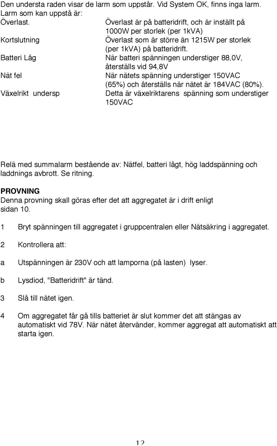 Batteri Låg När batteri spänningen understiger 88,0V, återställs vid 94,8V Nät fel När nätets spänning understiger 150VAC (65%) och återställs när nätet är 184VAC (80%).