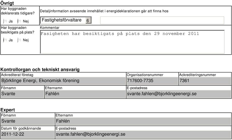 den 29 november 2011 Kontrollorgan och tekniskt ansvarig Ackrediterat företag Björklinge Energi, Ekonomisk förening Förnamn Svante Efternamn Fahlén