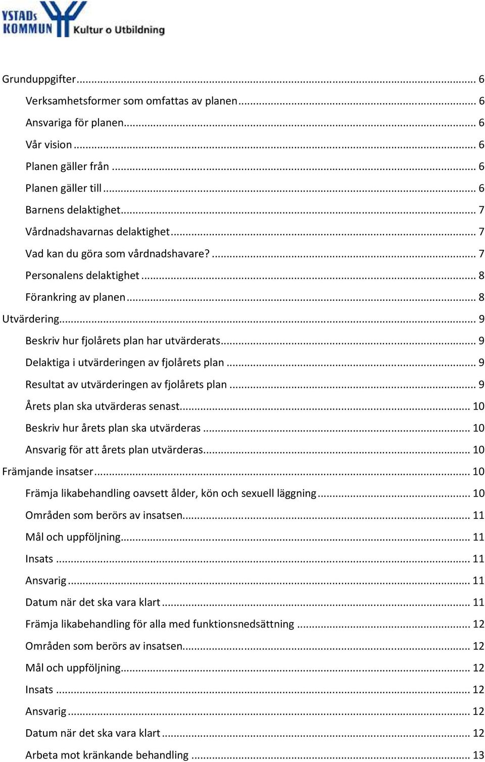 .. 9 Delaktiga i utvärderingen av fjolårets plan... 9 Resultat av utvärderingen av fjolårets plan... 9 Årets plan ska utvärderas senast... 10 Beskriv hur årets plan ska utvärderas.
