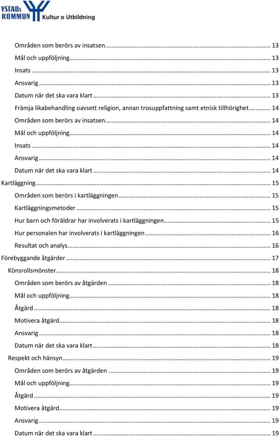 .. 14 Datum när det ska vara klart... 14 Kartläggning... 15 Områden som berörs i kartläggningen... 15 Kartläggningsmetoder... 15 Hur barn och föräldrar har involverats i kartläggningen.