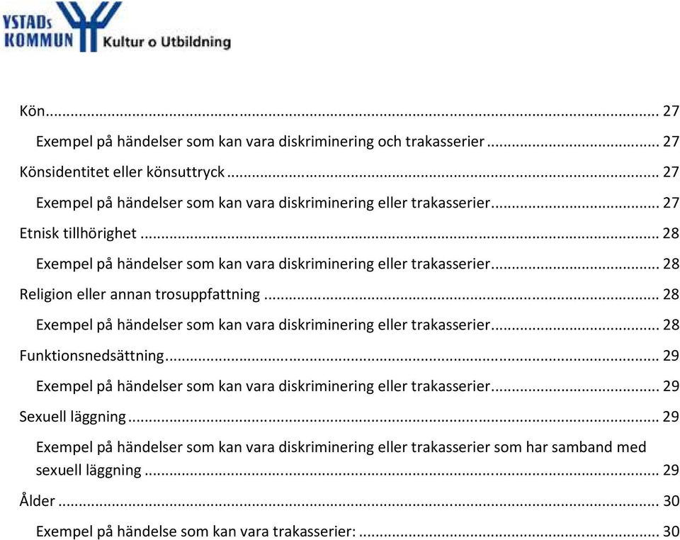 .. 28 Religion eller annan trosuppfattning... 28 Exempel på händelser som kan vara diskriminering eller trakasserier... 28 Funktionsnedsättning.