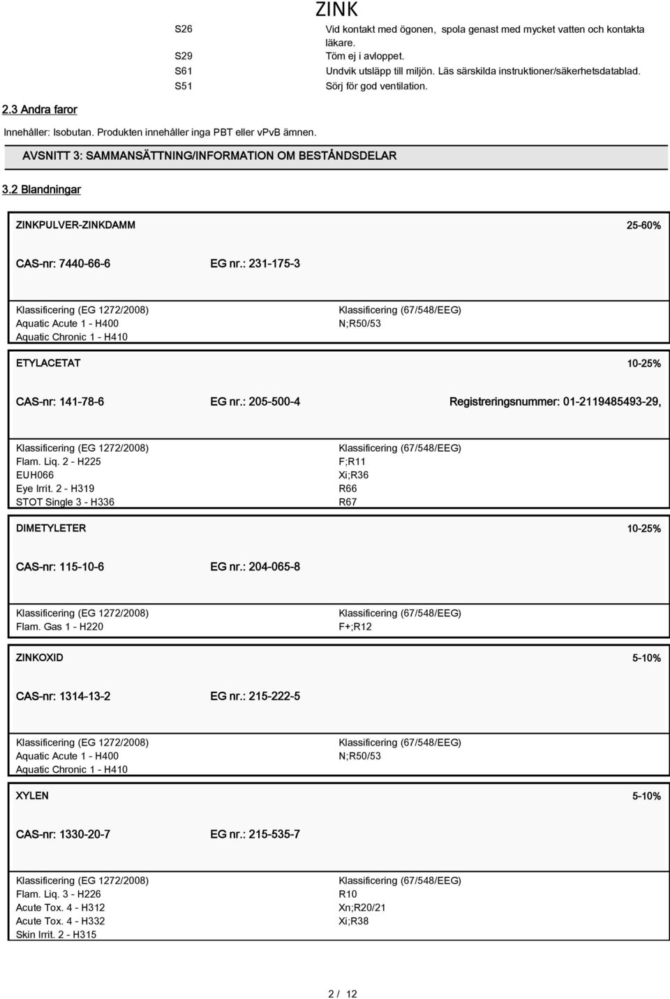 2 Blandningar PULVER-DAMM 25-60% CAS-nr: 7440-66-6 EG nr.: 231-175-3 Aquatic Acute 1 - H400 Aquatic Chronic 1 - H410 N;R50/53 ETYLACETAT 10-25% CAS-nr: 141-78-6 EG nr.