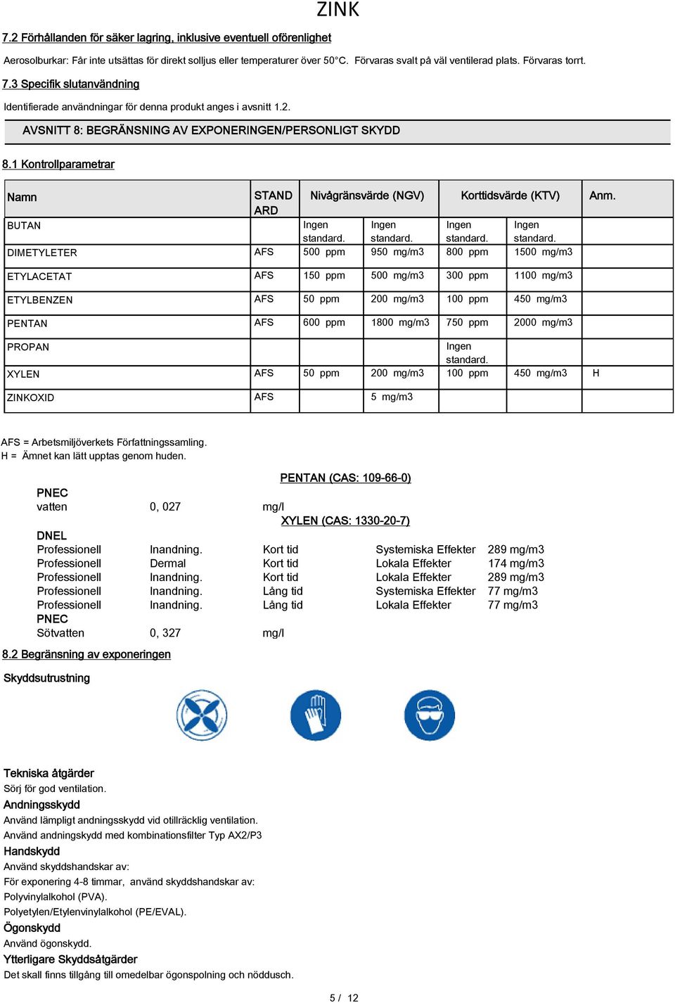 1 Kontrollparametrar Namn BUTAN DIMETYLETER ETYLACETAT ETYLBENZEN PENTAN STAND ARD Nivågränsvärde (NGV) Korttidsvärde (KTV) Ingen Ingen Ingen Ingen standard.