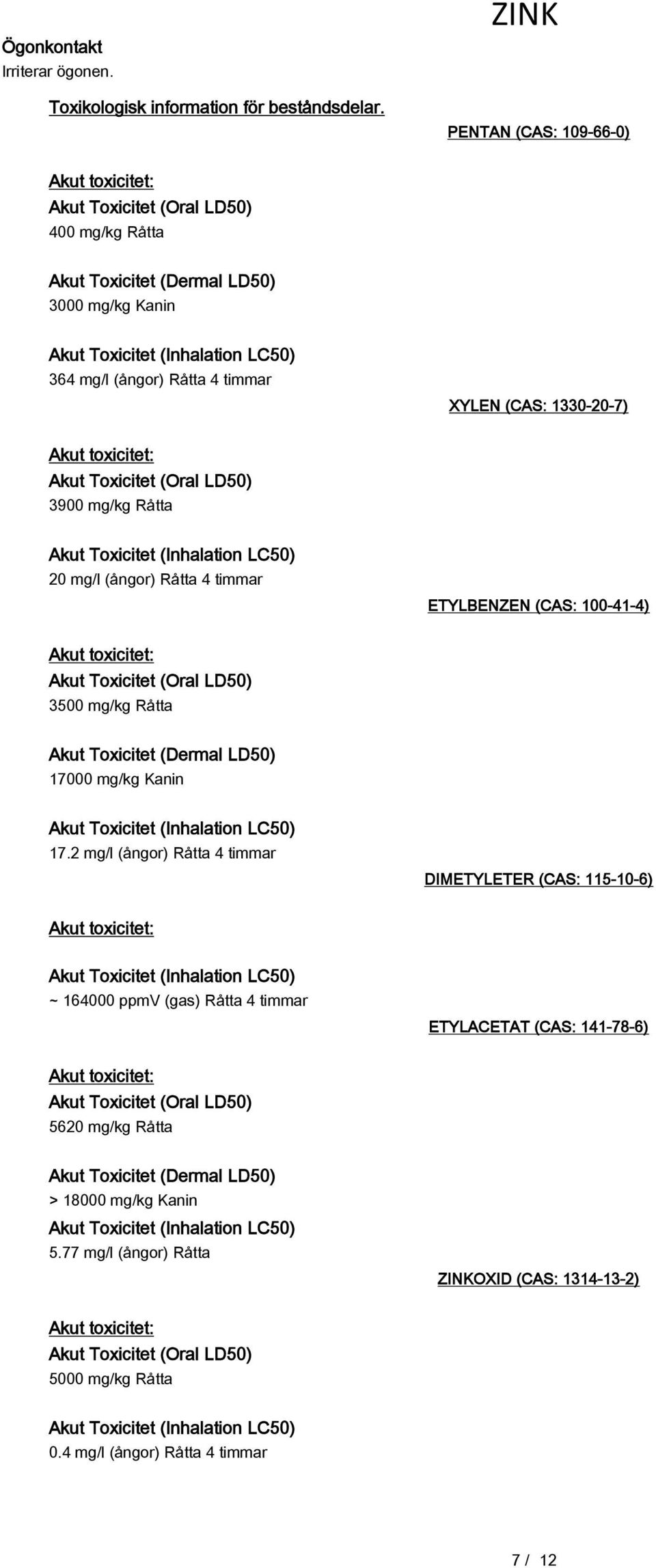 mg/l (ångor) Råtta 4 timmar ETYLBENZEN (CAS: 100-41-4) 3500 mg/kg Råtta Akut Toxicitet (Dermal LD50) 17000 mg/kg Kanin 17.