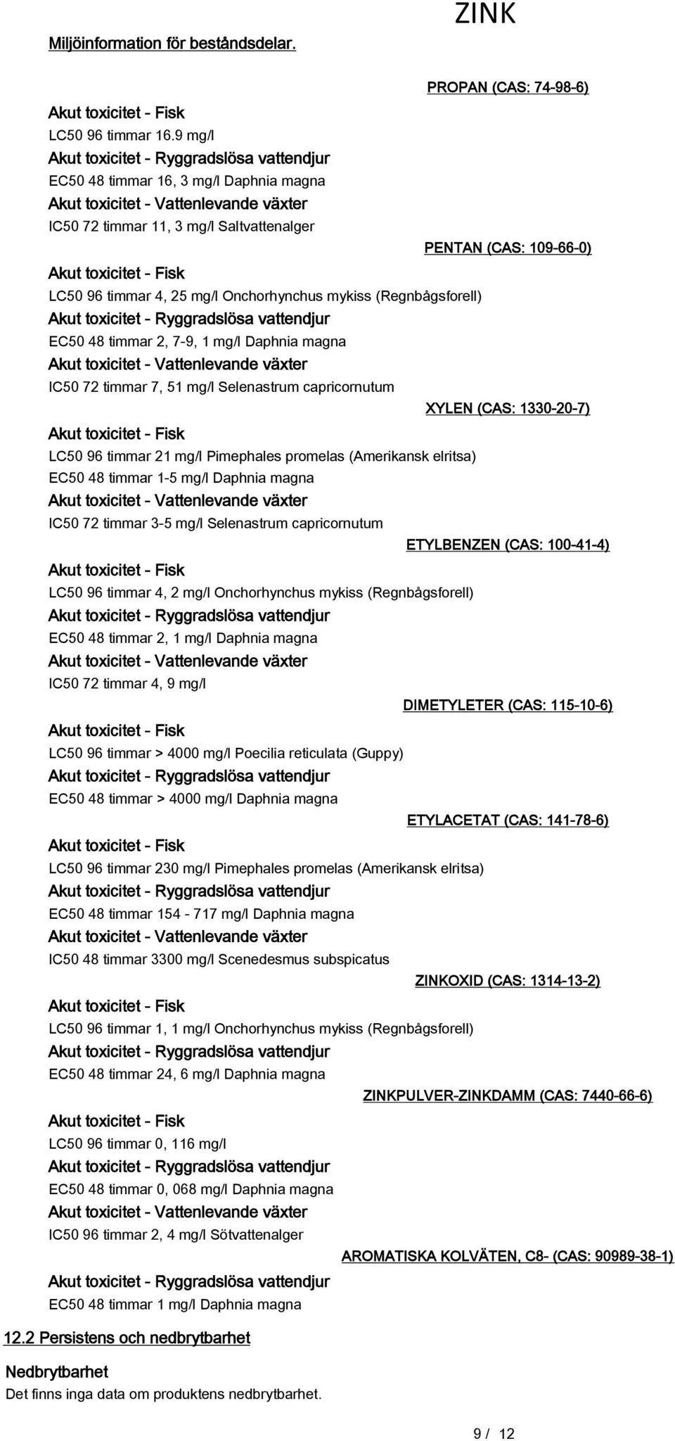 timmar 2, 7-9, 1 mg/l Daphnia magna Akut toxicitet - Vattenlevande växter IC50 72 timmar 7, 51 mg/l Selenastrum capricornutum LC50 96 timmar 21 mg/l Pimephales promelas (Amerikansk elritsa) EC50 48