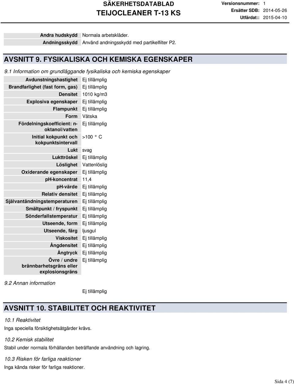 oktanol/vatten Initial kokpunkt och kokpunktsintervall Lukt Lukttröskel Löslighet Oxiderande egenskaper 1010 kg/m3 Vätska >100 C svag ph-koncentrat 11,4 ph-värde Relativ densitet