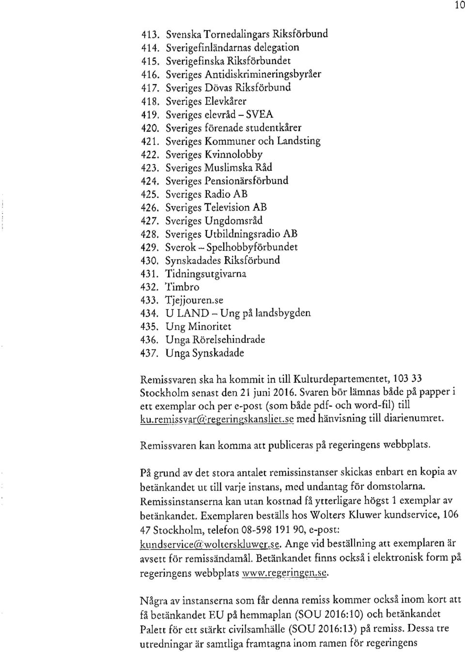 Sveriges Pensionärsförbund 425. Sveriges Radio AB 426. Sveriges Television AB 427. Sveriges Ungdomsråd 428. Sveriges Utbildningsradio AB 429. Sverok - Spelhobbyförbundet 430.