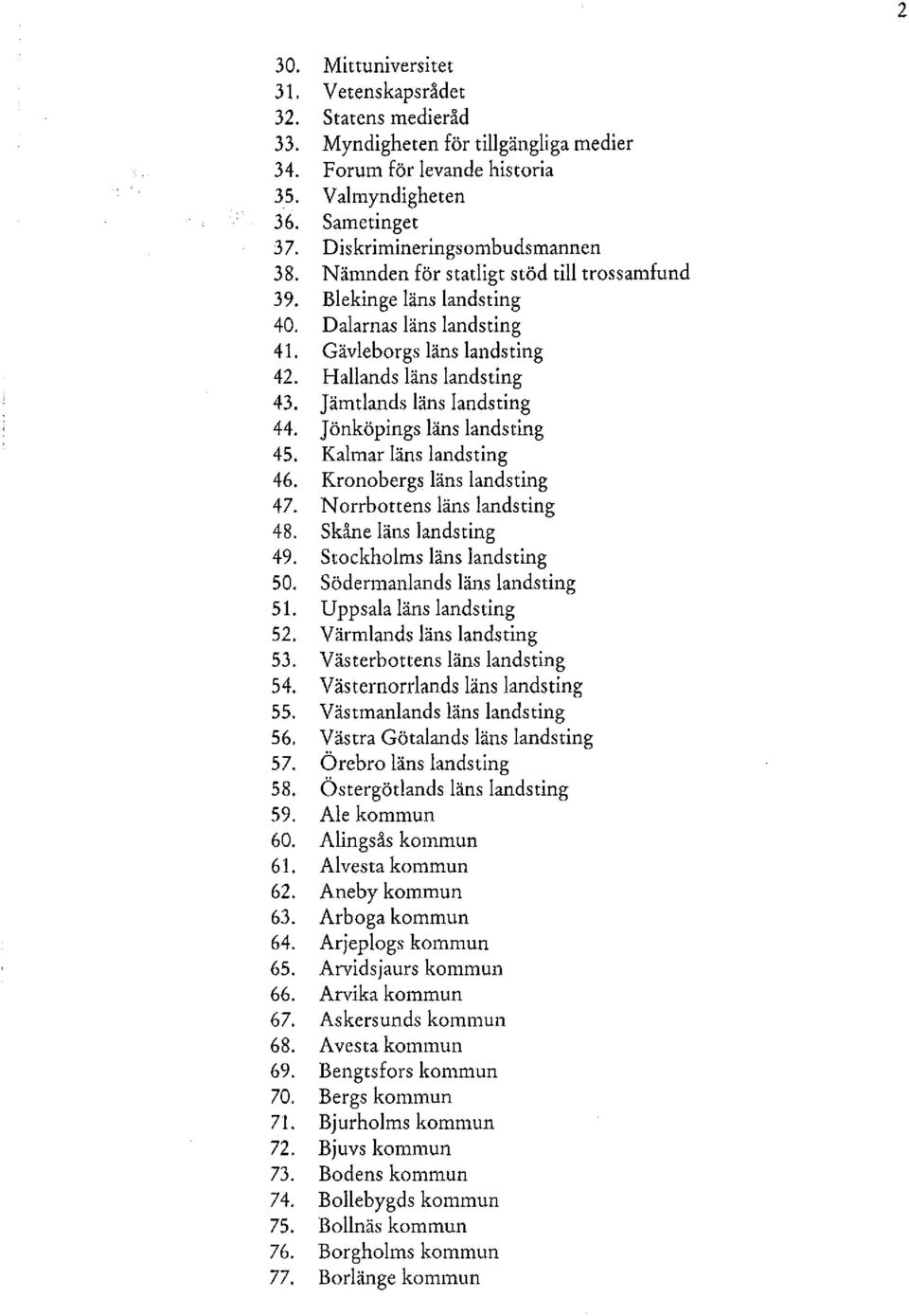 Jämtlands läns landsting 44. Jönköpings läns landsting 45. Kalmar läns landsting 46. Kronobergs läns landsting 47. Norrbottens läns landsting 48. Skåne läns landsting 49. Stockholms läns landsting 50.