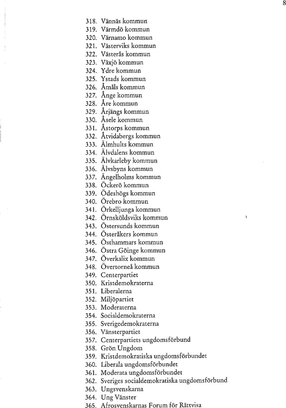 Ängelholms kommun 338. Öckerö kommun 339. Ödeshögs kommun 340. Örebro kommun 341. Örkelljunga kommun 342. Örnsköldsviks kommun 343. Östersunds kommun 344. Österåkers kommun 345. Östhammars kommun 346.