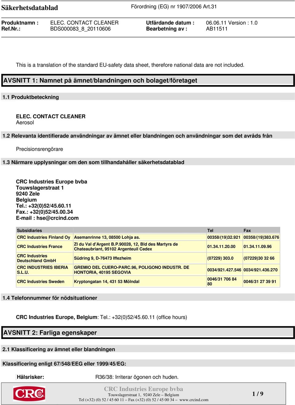 3 Närmare upplysningar om den som tillhandahåller säkerhetsdatablad Touwslagerstraat 1 9240 Zele Belgium Tel.: +32(0)52/45.60.11 Fax.: +32(0)52/45.00.34 E-mail : hse@crcind.