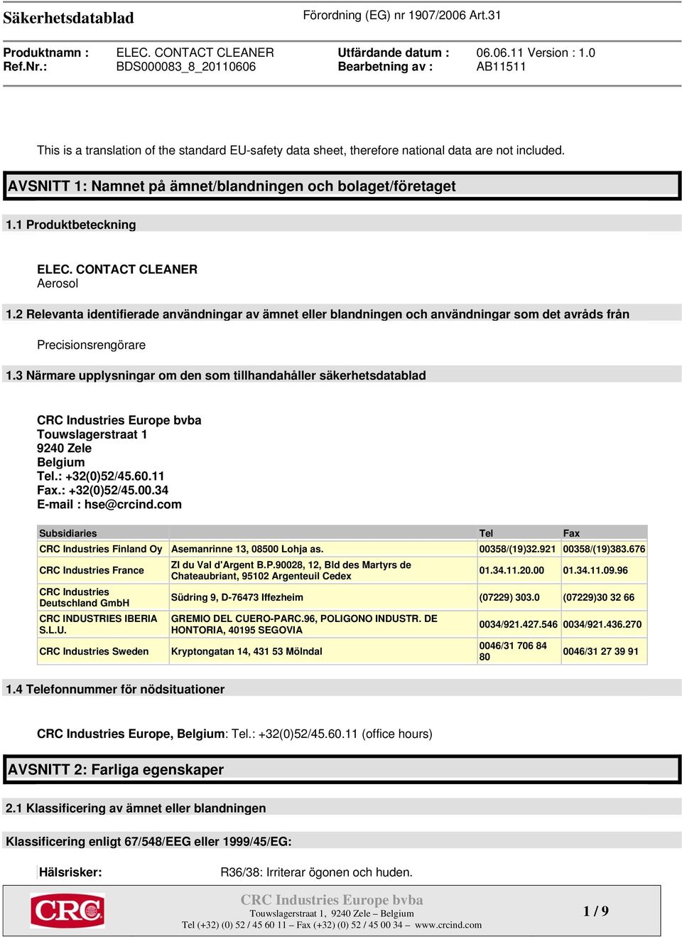 3 Närmare upplysningar om den som tillhandahåller säkerhetsdatablad Touwslagerstraat 1 9240 Zele Belgium Tel.: +32(0)52/45.60.11 Fax.: +32(0)52/45.00.34 E-mail : hse@crcind.