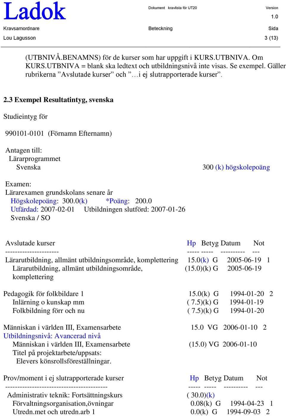 3 Exempel Resultatintyg, svenska Studieintyg för 990101-0101 (Förnamn Efternamn) Antagen till: Lärarprogrammet Svenska 300 (k) högskolepoäng Examen: Lärarexamen grundskolans senare år Högskolepoäng: