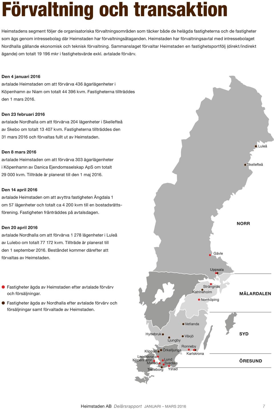 Sammanslaget förvaltar Heimstaden en fastig hets portfölj (direkt/indirekt ägande) om totalt 19 196 mkr i fastighetsvärde exkl. avtalade förvärv.
