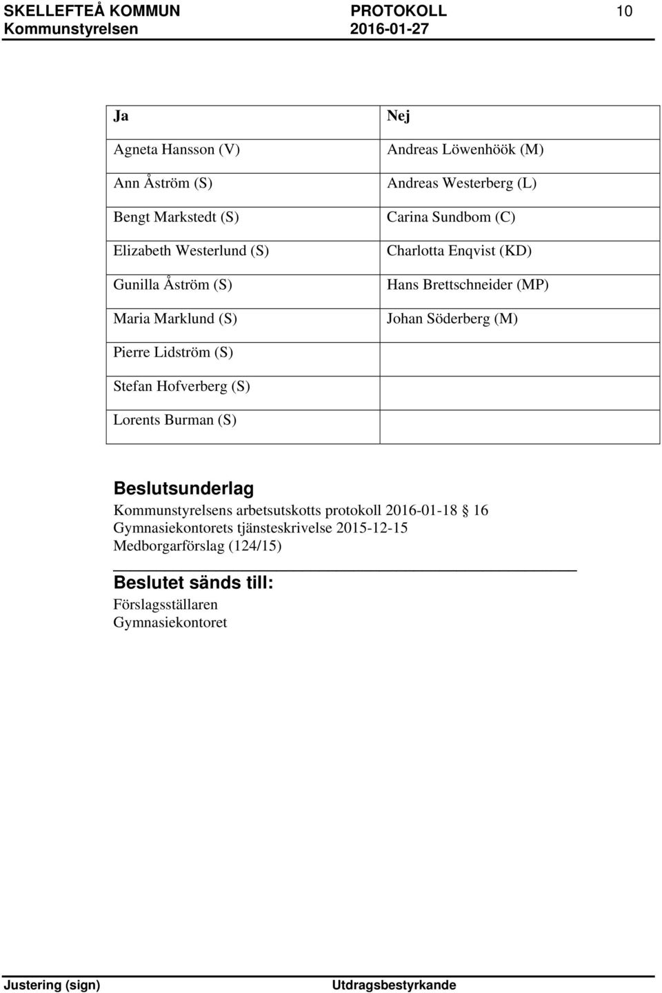 (MP) Johan Söderberg (M) Pierre Lidström (S) Stefan Hofverberg (S) Lorents Burman (S) Kommunstyrelsens arbetsutskotts protokoll