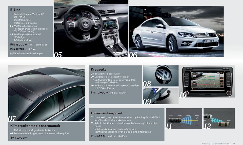 700: (3,6 V6 ) (ej TSI 160 MultiFuel Twincharger) 05 06 Dragpaket 08 Backkamera Rear Assist 09 Dragkrok, delelektriskt utfällbar Lastrumsmatta och lastrumsväska från Volkswagen Tillbehör 10 Radio