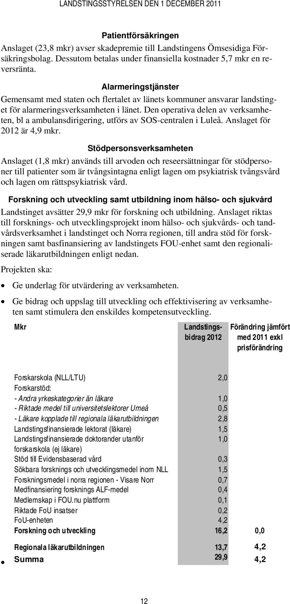 Den operativa delen av verksamheten, bl a ambulansdirigering, utförs av SOS-centralen i Luleå. Anslaget för 2012 är 4,9 mkr.
