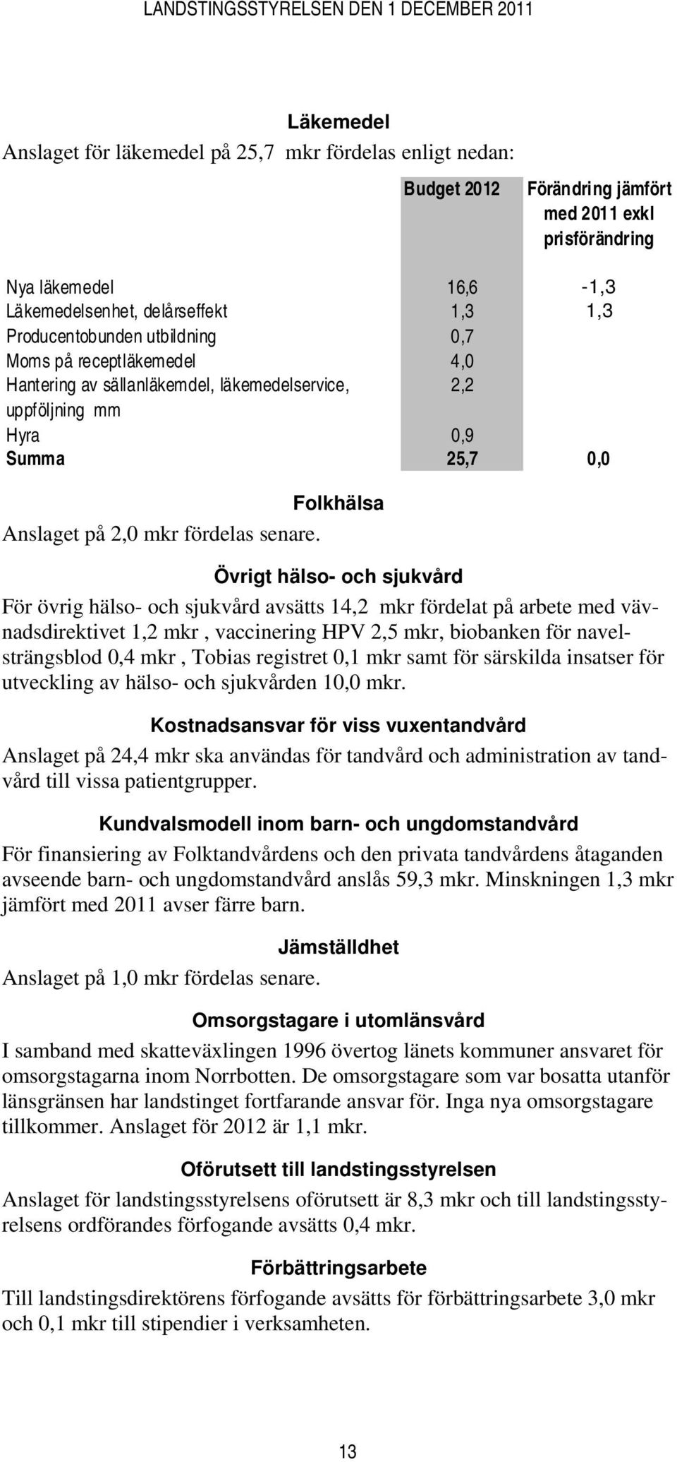 Övrigt hälso- och sjukvård För övrig hälso- och sjukvård avsätts 14,2 mkr fördelat på arbete med vävnadsdirektivet 1,2 mkr, vaccinering HPV 2,5 mkr, biobanken för navelsträngsblod 0,4 mkr, Tobias