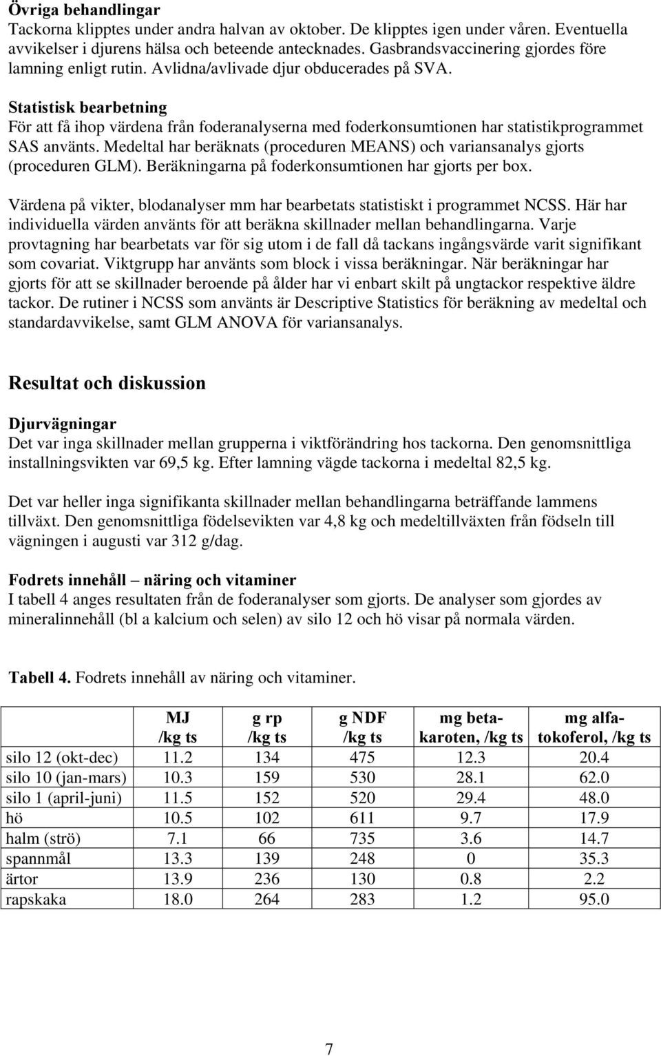 Statistisk bearbetning För att få ihop värdena från foderanalyserna med foderkonsumtionen har statistikprogrammet SAS använts.