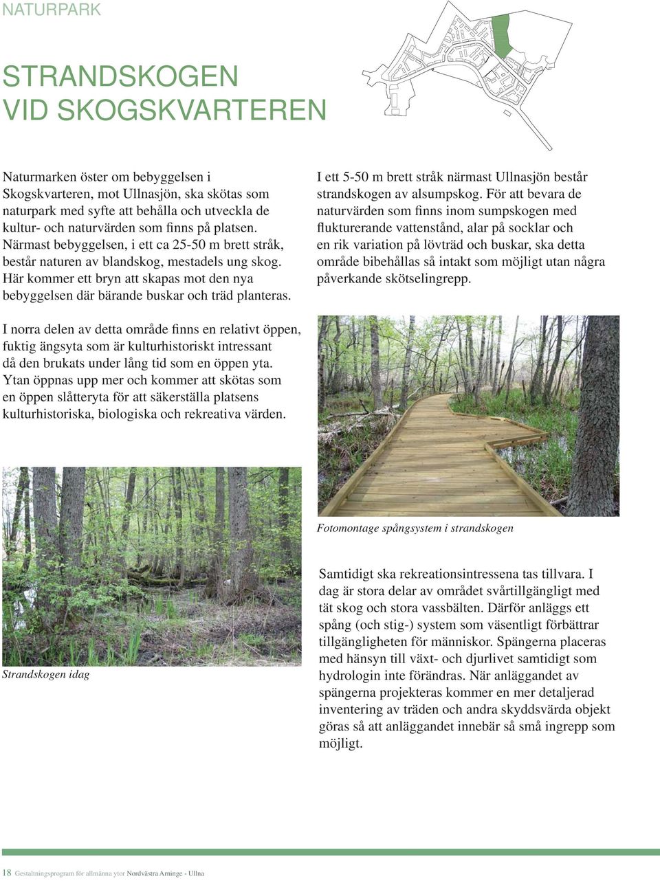 Här kommer ett bryn att skapas mot den nya bebyggelsen där bärande buskar och träd planteras. I ett 5-50 m brett stråk närmast Ullnasjön består strandskogen av alsumpskog.