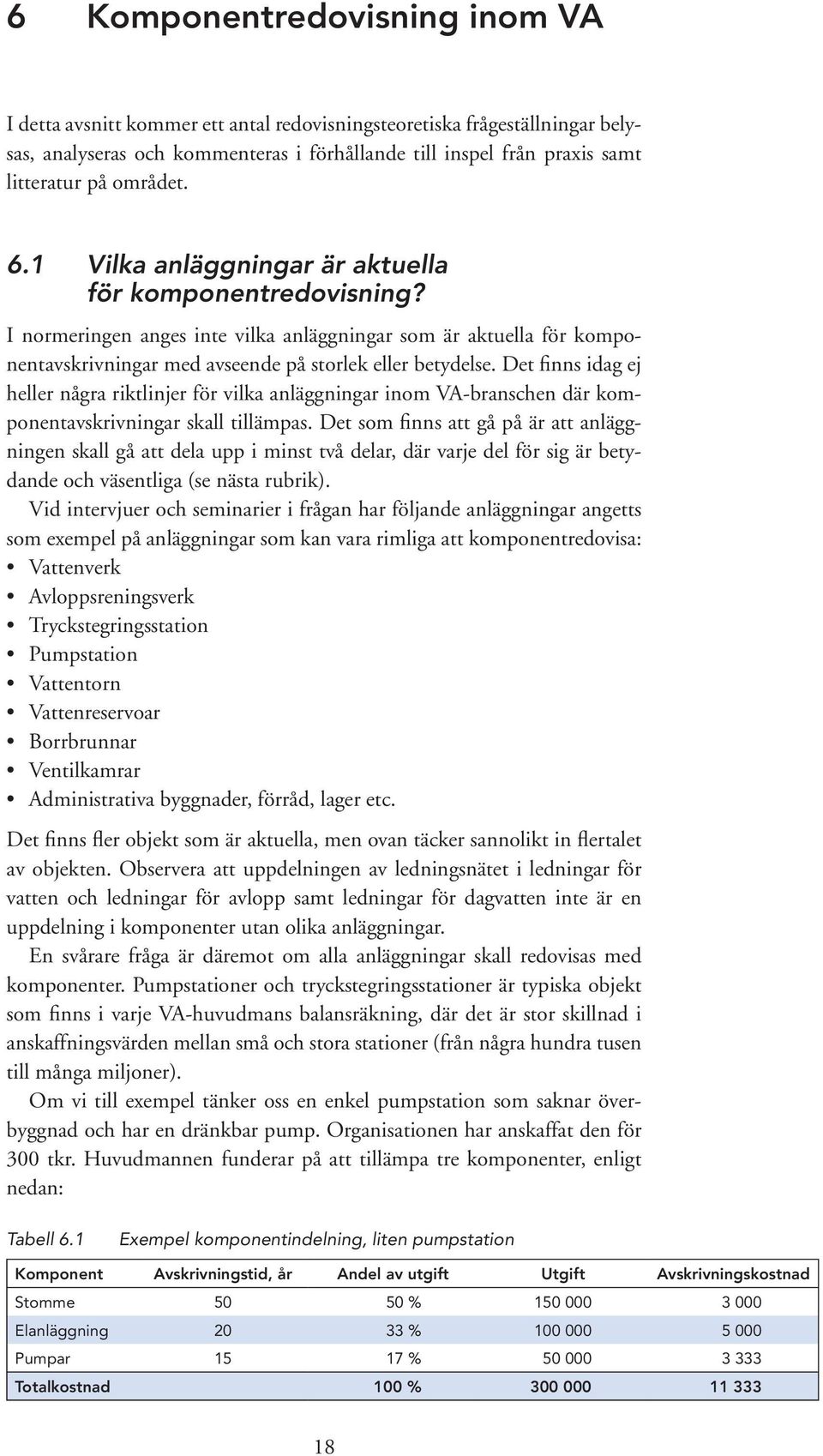 Det finns idag ej heller några riktlinjer för vilka anläggningar inom VA-branschen där komponentavskrivningar skall tillämpas.