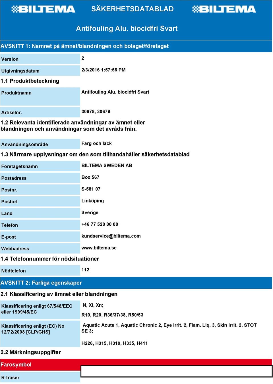 Användningsområde Färg och lack 1.3 Närmare upplysningar om den som tillhandahåller säkerhetsdatablad Företagetsnamn BILTEMA SWEDEN AB Postadress Box 567 Postnr.