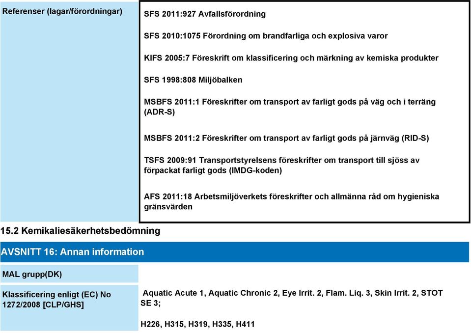 Transportstyrelsens föreskrifter om transport till sjöss av förpackat farligt gods (IMDG-koden) AFS 2011:18 Arbetsmiljöverkets föreskrifter och allmänna råd om hygieniska gränsvärden 15.