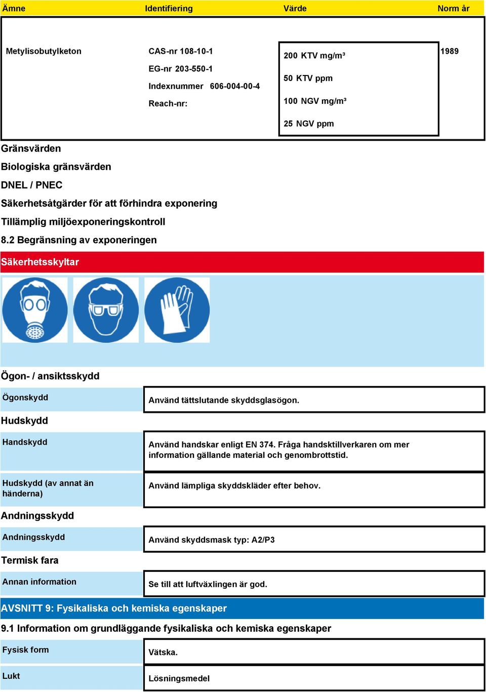 2 Begränsning av exponeringen Säkerhetsskyltar Ögon- / ansiktsskydd Ögonskydd Använd tättslutande skyddsglasögon. Hudskydd Handskydd Använd handskar enligt EN 374.