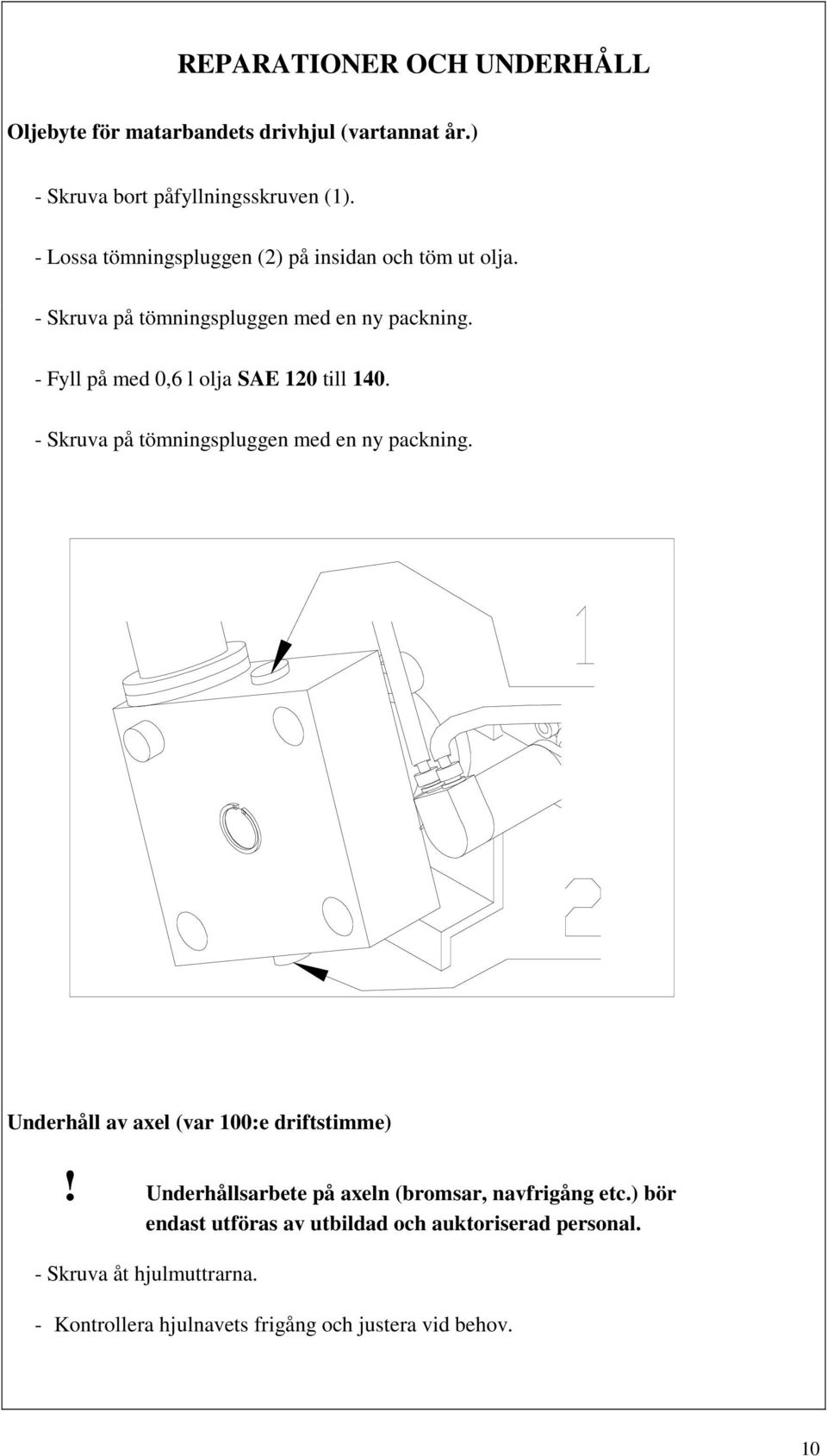 - Fyll på med 0,6 l olja SAE 120 till 140. - Skruva på tömningspluggen med en ny packning. Underhåll av axel (var 100:e driftstimme)!