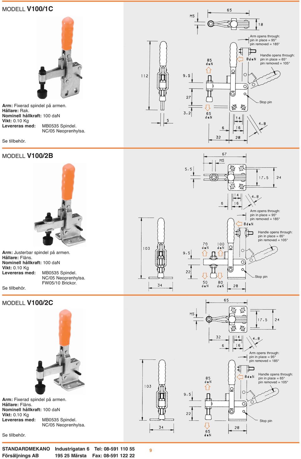 Stop pin MODELL V100/2B Arm opens through: pin in place = 95 pin removed = 185 through: pin in place = 65 pin removed = 105 Arm: Justerbar spindel på armen. Hållare: Fläns.  FW05/10 Brickor.