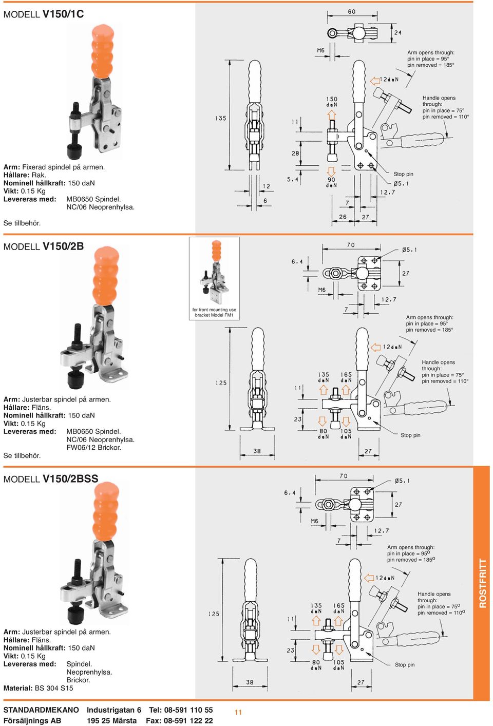 Stop pin MODELL V150/2B for front mounting use bracket Model FM1 Arm opens through: pin in place = 95 pin removed = 185 through: pin in place = 75 pin removed = 110 Arm: Justerbar spindel på armen.