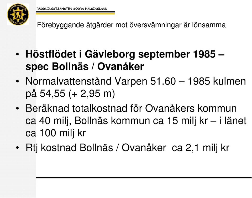 60 1985 kulmen på 54,55 (+ 2,95 m) Beräknad totalkostnad för