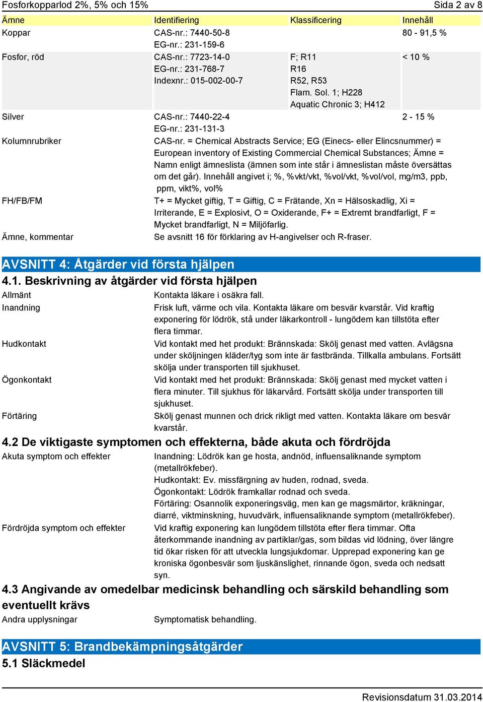 = Chemical Abstracts Service; EG (Einecs- eller Elincsnummer) = European inventory of Existing Commercial Chemical Substances; Ämne = Namn enligt ämneslista (ämnen som inte står i ämneslistan måste