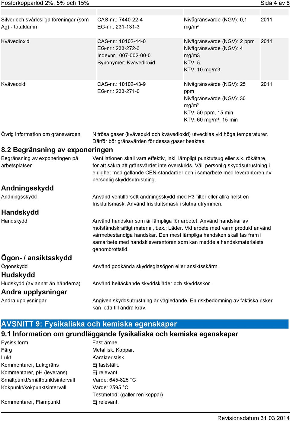 : 233-271-0 Nivågränsvärde (NGV): 2 ppm Nivågränsvärde (NGV): 4 mg/m3 KTV: 5 KTV: 10 mg/m3 Nivågränsvärde (NGV): 25 ppm Nivågränsvärde (NGV): 30 mg/m³ KTV: 50 ppm, 15 min KTV: 60 mg/m³, 15 min Övrig