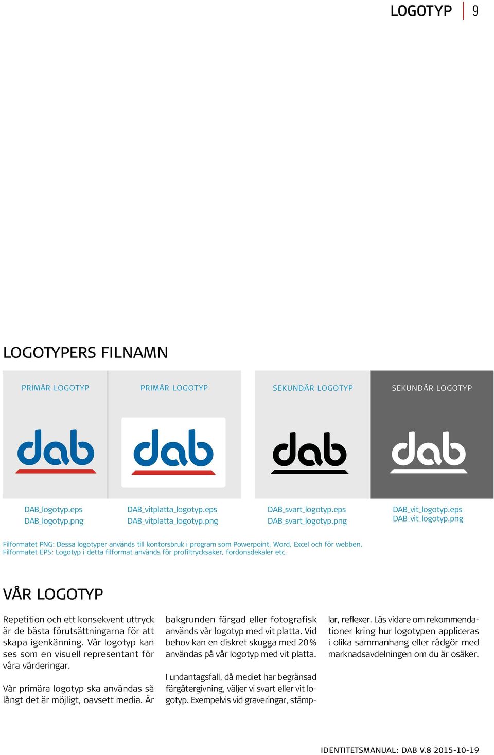 Filformatet EPS: Logotyp i detta filformat används för profiltrycksaker, fordonsdekaler etc. VÅR LOGOTYP Repetition och ett konsekvent uttryck är de bästa förutsättningarna för att skapa igenkänning.