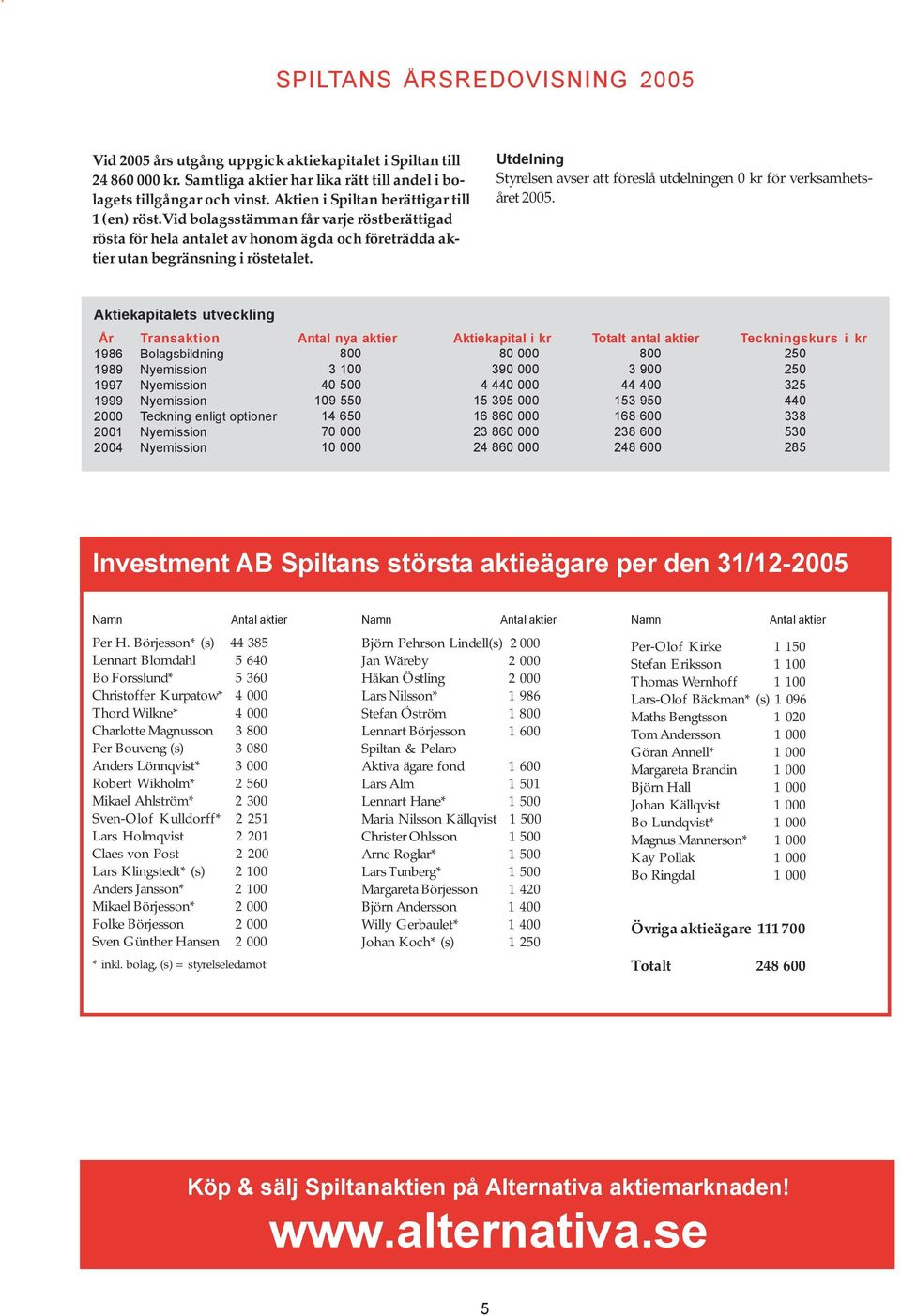 Utdelning Styrelsen avser att föreslå utdelningen 0 kr för verksamhetsåret 2005.