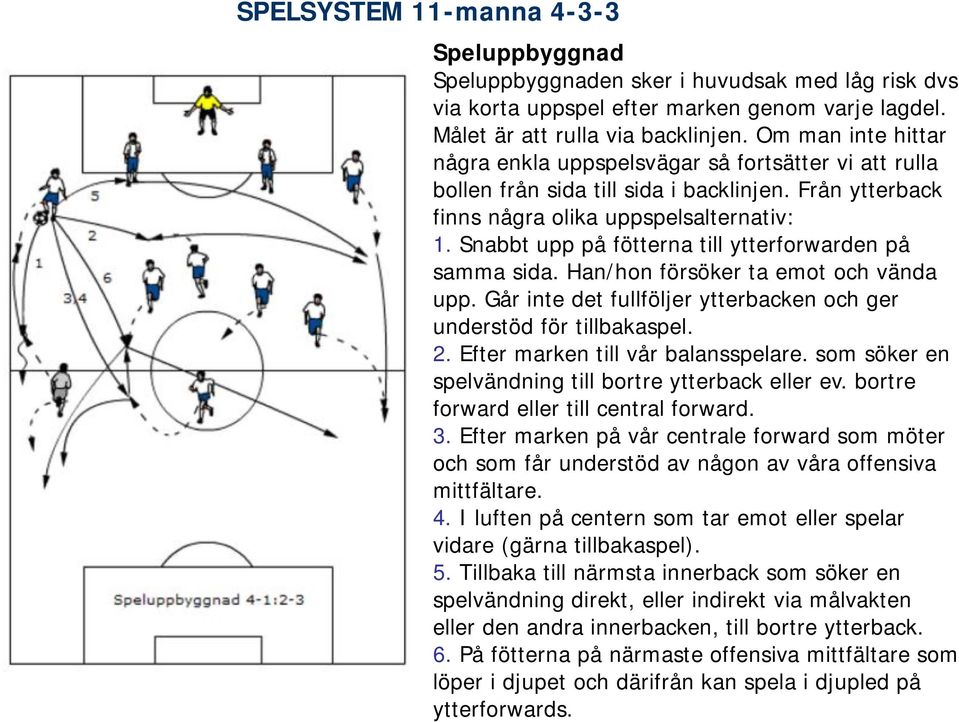 Snabbt upp på fötterna till ytterforwarden på samma sida. Han/hon försöker ta emot och vända upp. Går inte det fullföljer ytterbacken och ger understöd för tillbakaspel. 2.