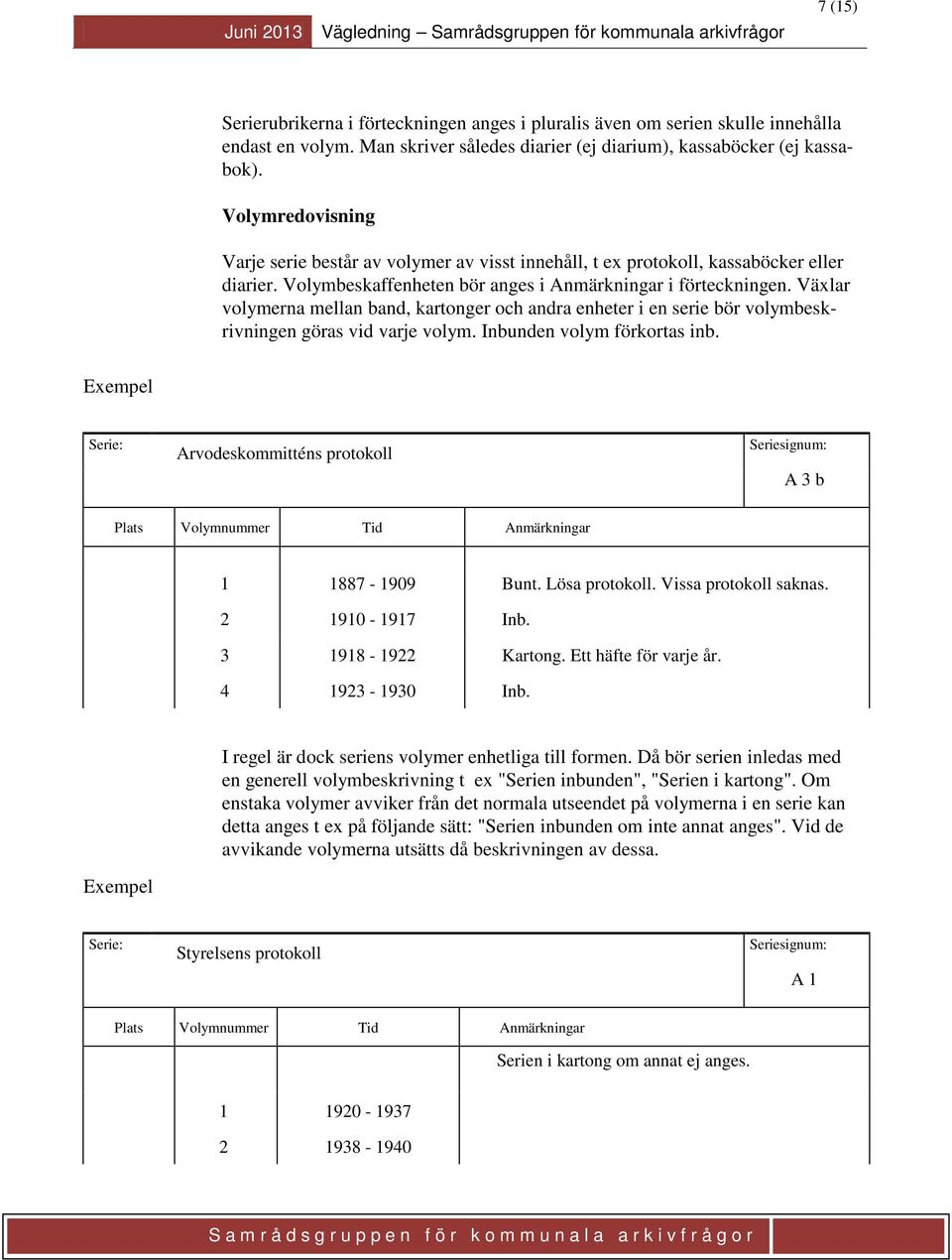 Växlar volymerna mellan band, kartonger och andra enheter i en serie bör volymbeskrivningen göras vid varje volym. Inbunden volym förkortas inb. Arvodeskommitténs protokoll A 3 b 1 1887-1909 Bunt.