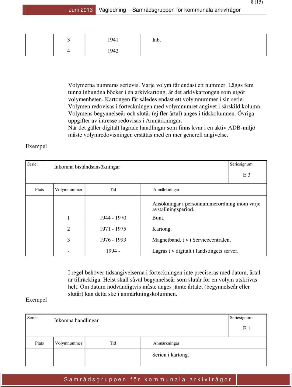 Volymens begynnelseår och slutår (ej fler årtal) anges i tidskolumnen. Övriga uppgifter av intresse redovisas i Anmärkningar.