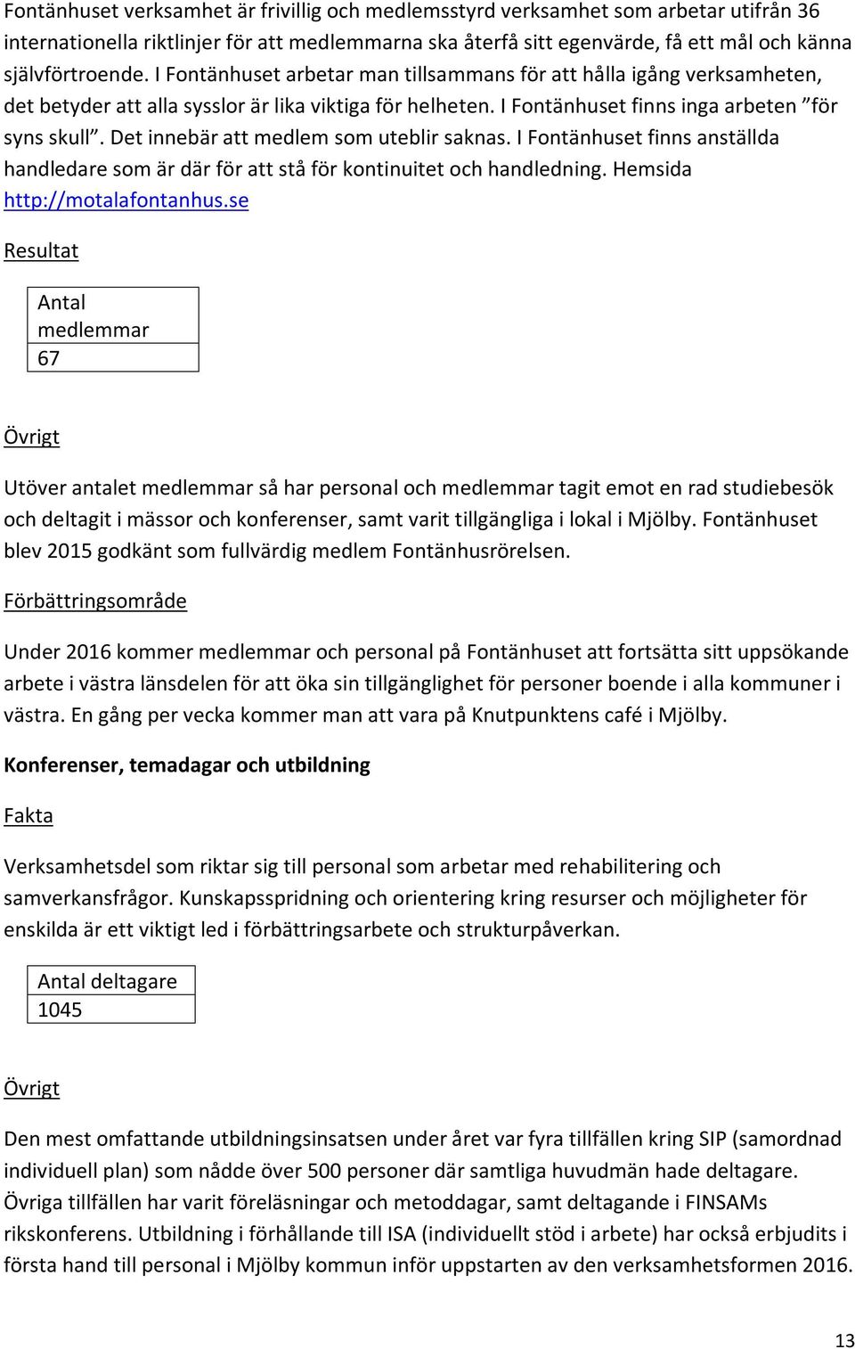 Det innebär att medlem som uteblir saknas. I Fontänhuset finns anställda handledare som är där för att stå för kontinuitet och handledning. Hemsida http://motalafontanhus.