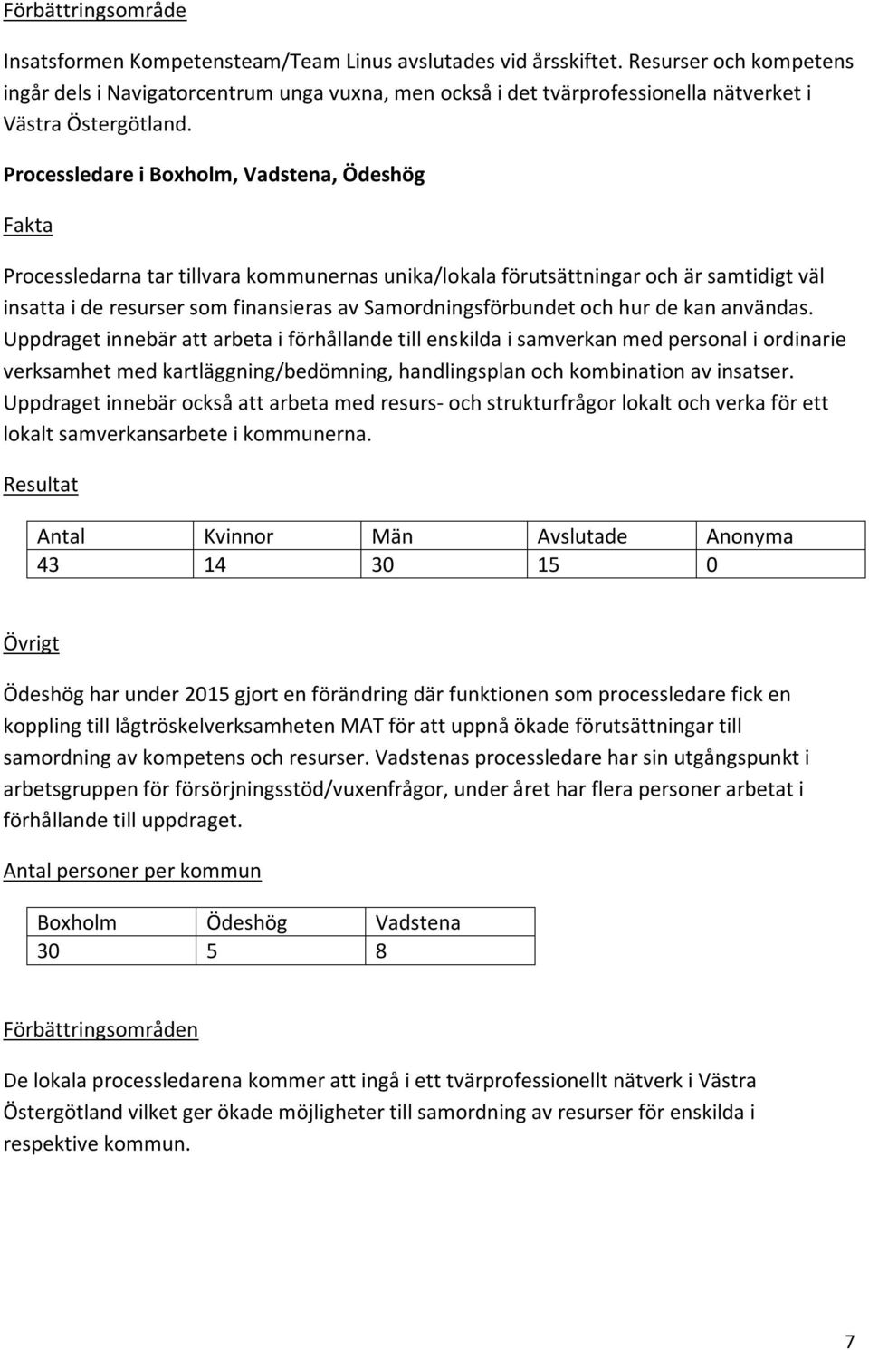 Processledare i Boxholm, Vadstena, Ödeshög Processledarna tar tillvara kommunernas unika/lokala förutsättningar och är samtidigt väl insatta i de resurser som finansieras av Samordningsförbundet och