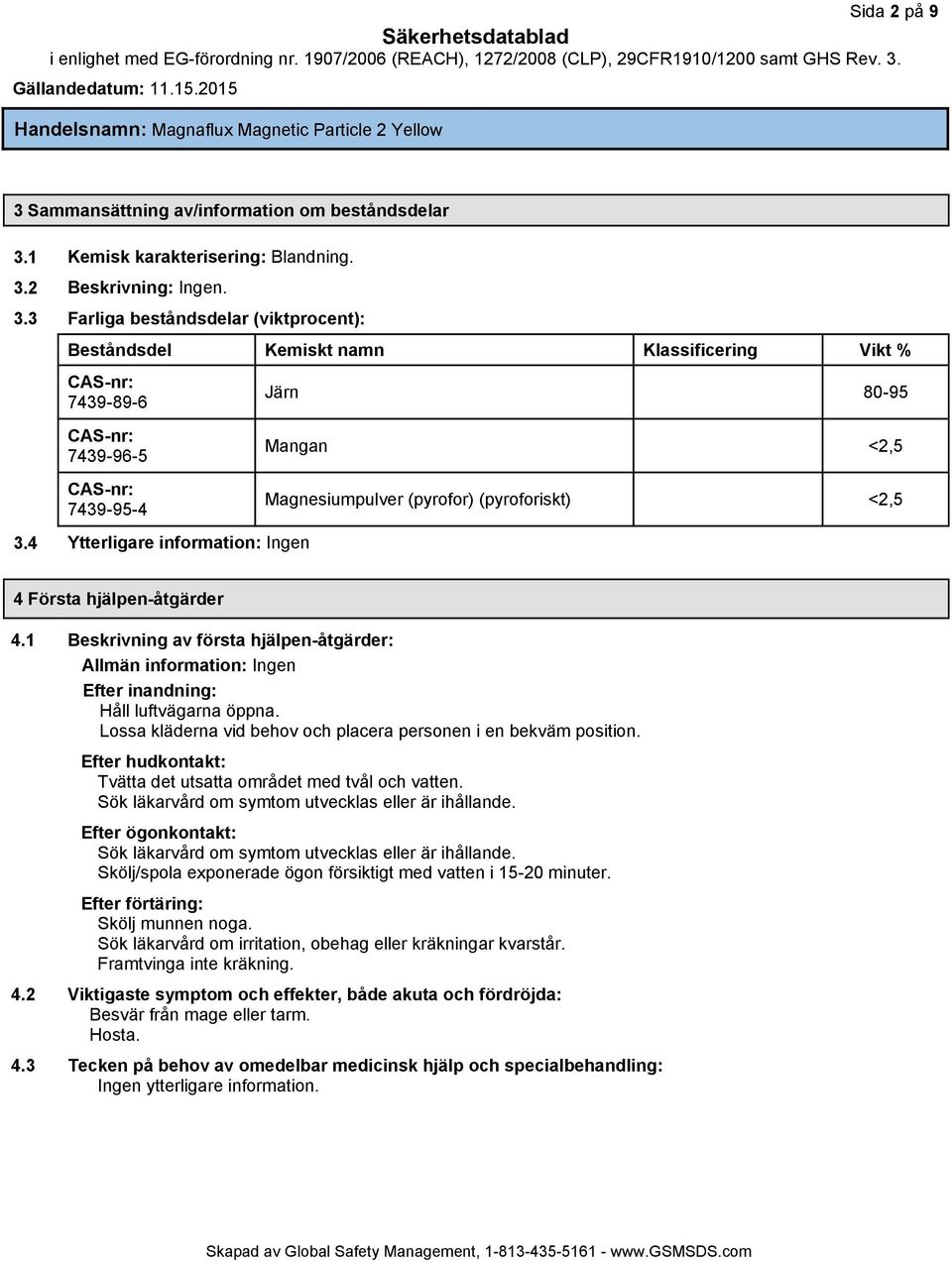 4 Ytterligare information: Järn 80-95 Mangan <2,5 Magnesiumpulver (pyrofor) (pyroforiskt) <2,5 4 Första hjälpen-åtgärder 4.