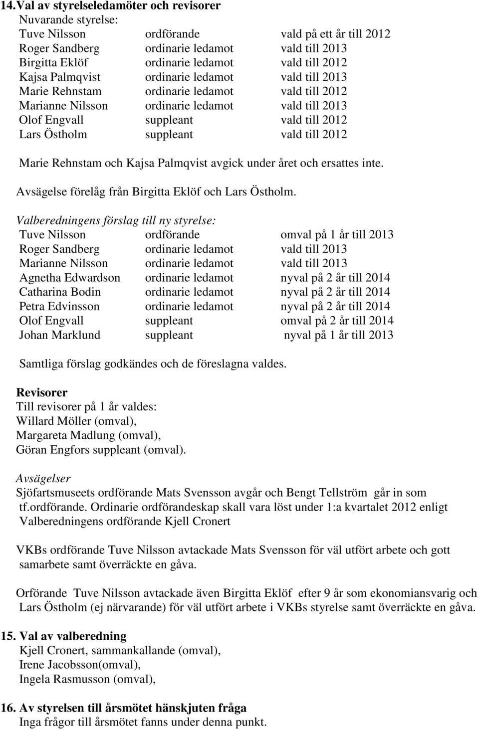 Östholm suppleant vald till 2012 Marie Rehnstam och Kajsa Palmqvist avgick under året och ersattes inte. Avsägelse förelåg från Birgitta Eklöf och Lars Östholm.