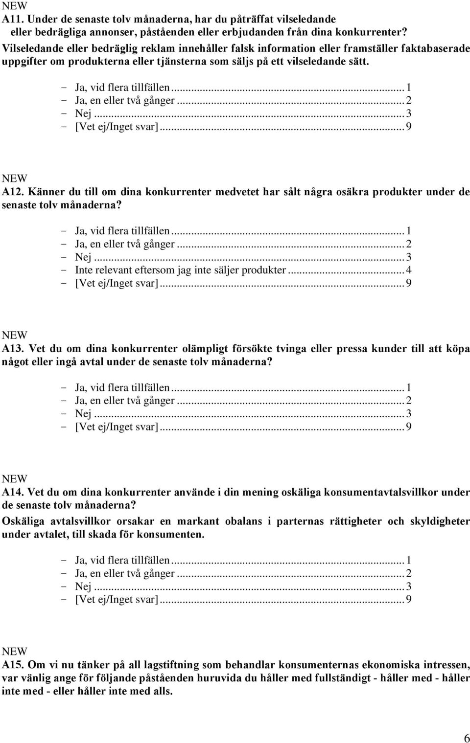 - Ja, vid flera tillfällen...1 - Ja, en eller två gånger...2 - Nej...3 A12. Känner du till om dina konkurrenter medvetet har sålt några osäkra produkter under de senaste tolv månaderna?