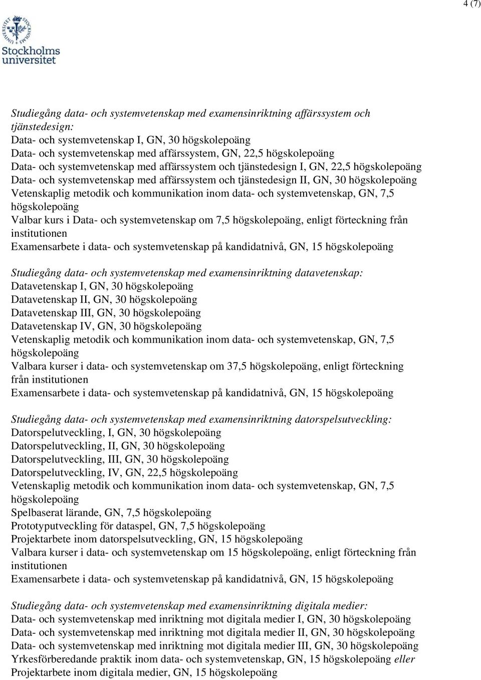 förteckning från Studiegång data- och systemvetenskap med examensinriktning datavetenskap: Datavetenskap I, GN, 30 Datavetenskap II, GN, 30 Datavetenskap III, GN, 30 Datavetenskap IV, GN, 30 Valbara