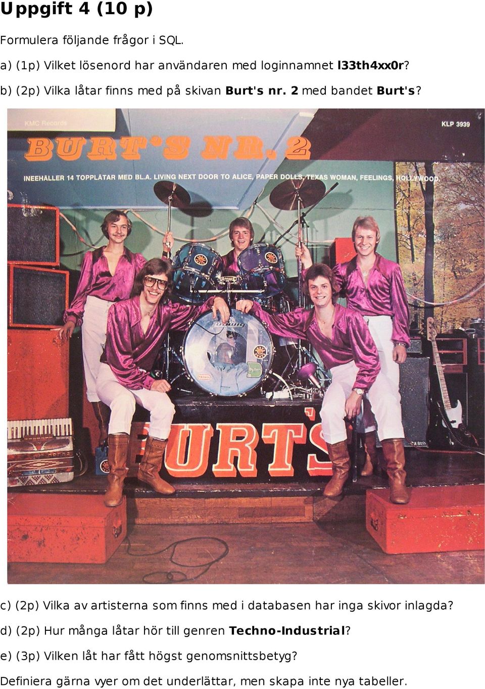 b) (2p) Vilka låtar finns med på skivan Burt's nr. 2 med bandet Burt's?