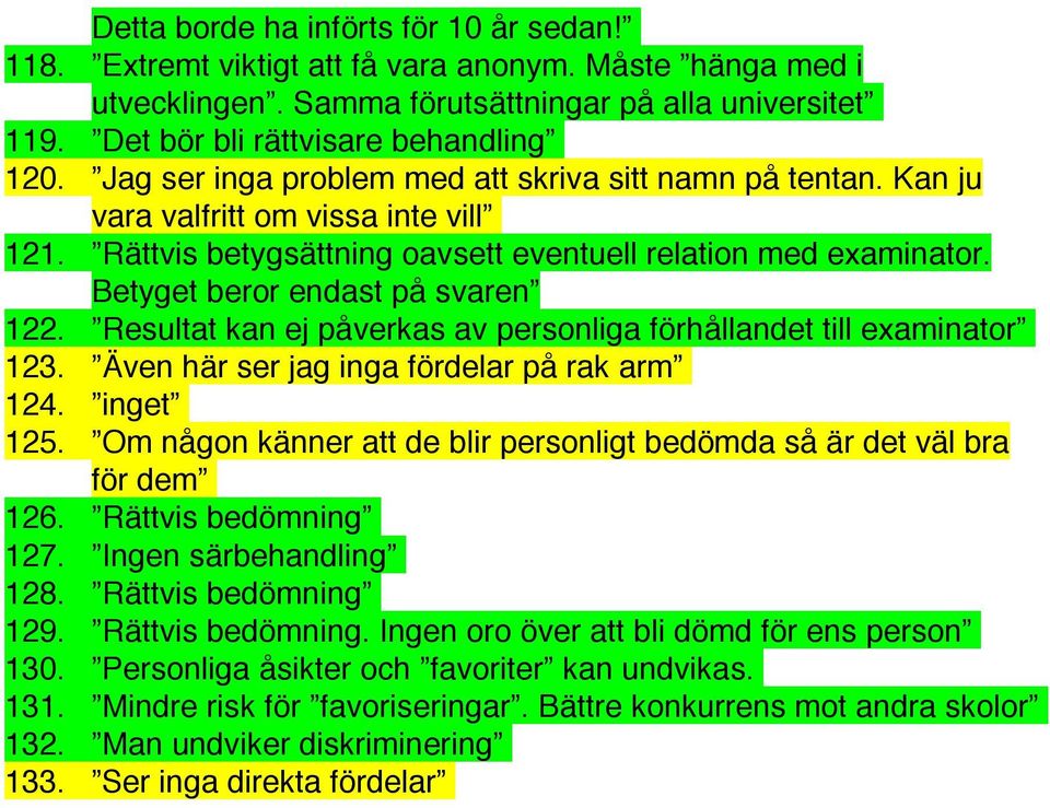 Betyget beror endast på svaren 122. Resultat kan ej påverkas av personliga förhållandet till examinator 123. Även här ser jag inga fördelar på rak arm 124. inget 125.